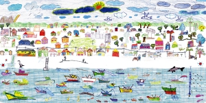 Vila de Superagui, 2001. Uma das 10 montagens gráficas feitas por Goto com desenhos de 50 crianças da Vila, a partir de  atividades de desenho orientadas na localidade desde 1995.